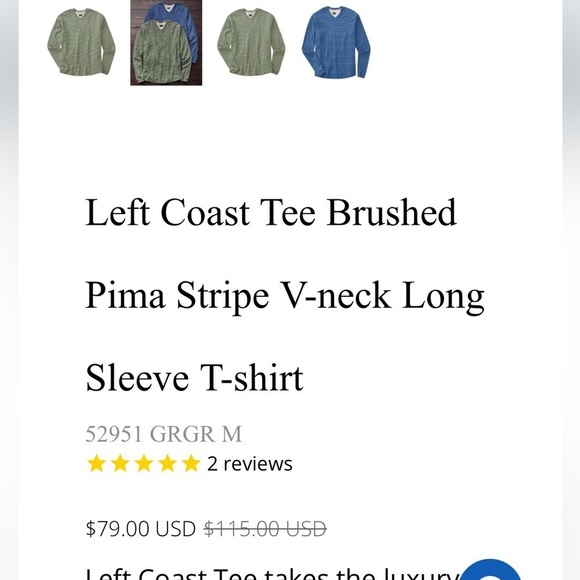 Left Coast Tee Blue Gray Striped V-Neck Men’s Long Sleeve 100% Cotton Tee XL - Picture 7 of 7